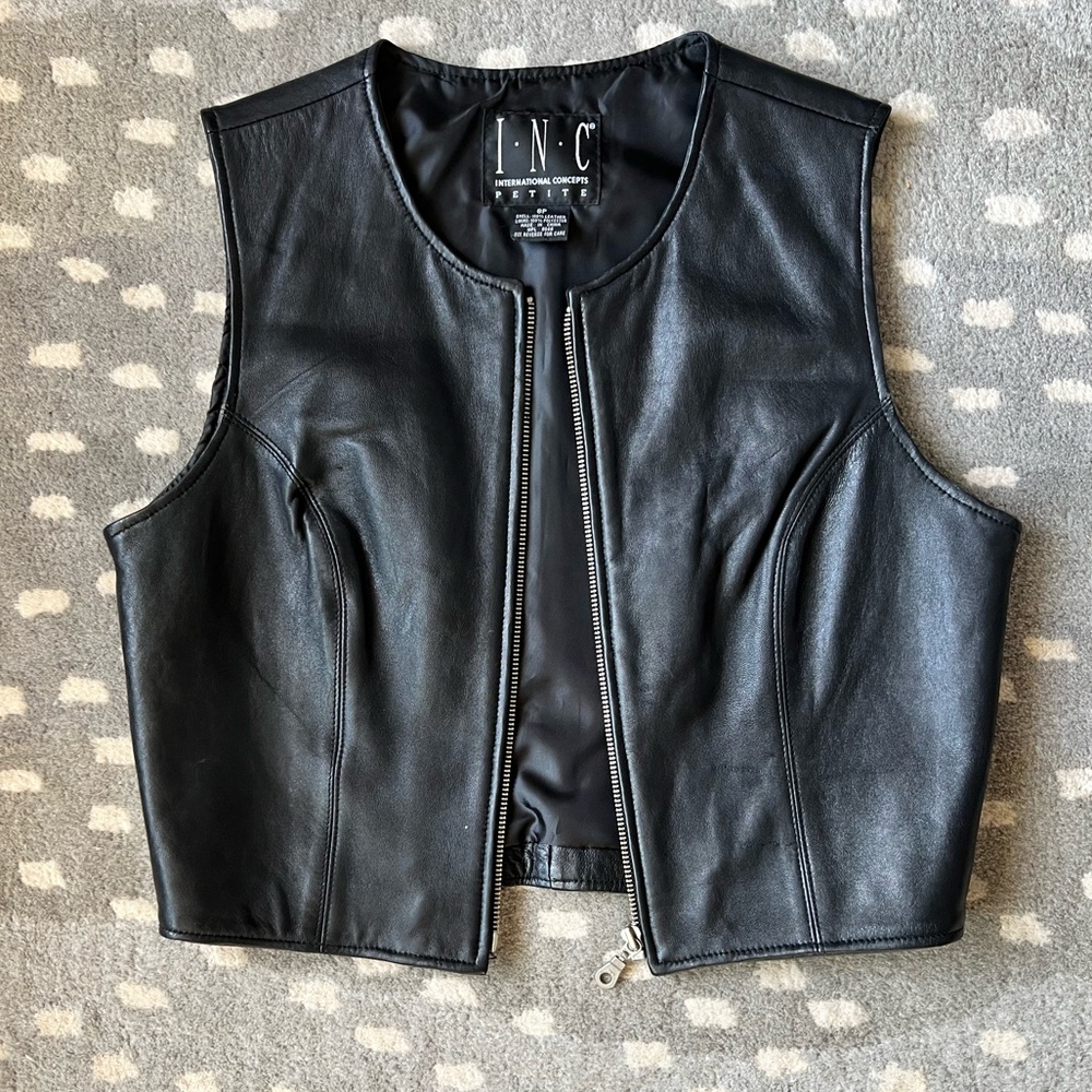 Black 100% Leather Zip-Up Moto Vest, INC International Concepts - Sz 8 Petite - Picture 4 of 13
